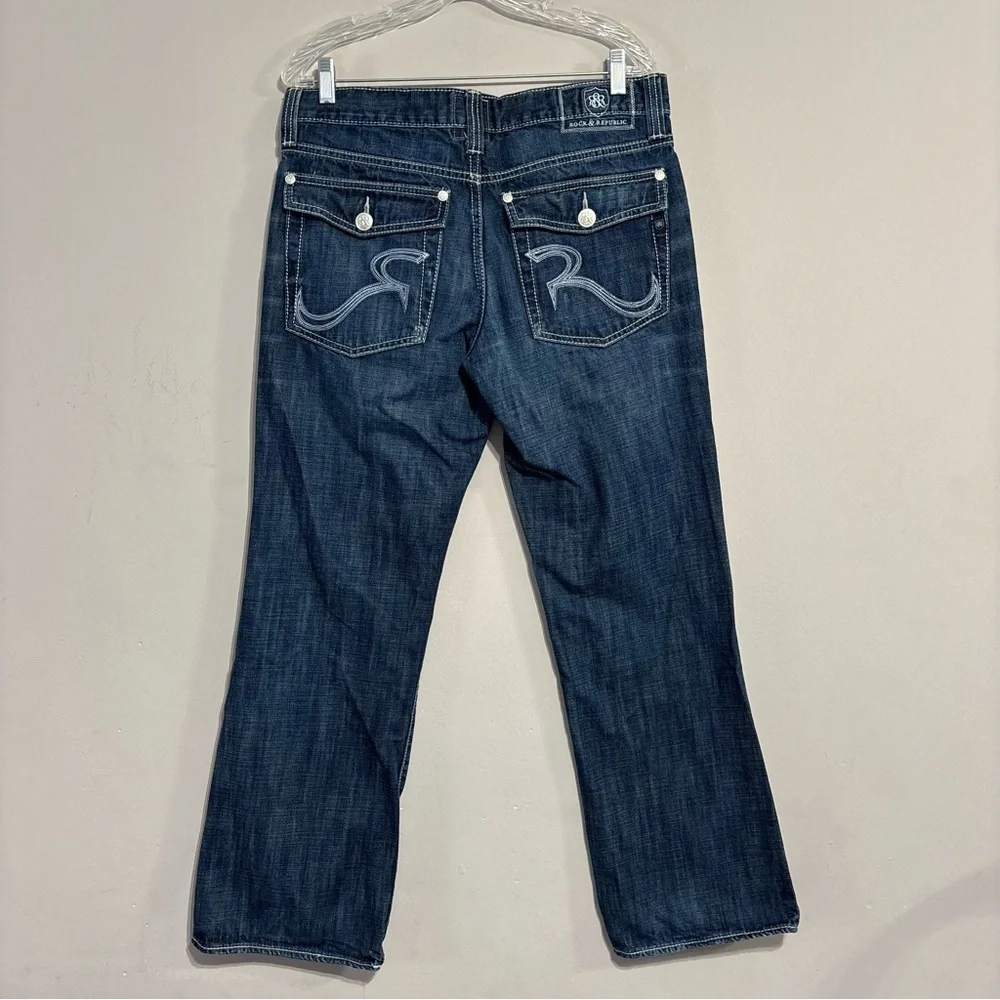 ROCK & REPUBLIC Rider Jeans Men's 34 x 30 BLUE Denim Button Pockets Embroidery